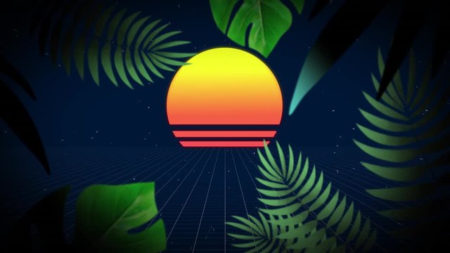 Flickering circle with stripes with tropical leaves on night sky in background