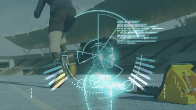 Network connections and athlete with prosthetic legs running in background