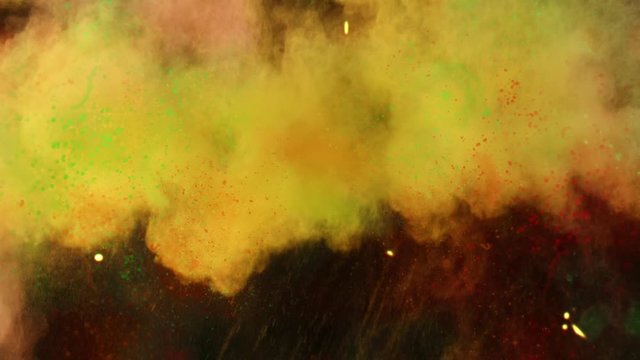 Animation of distressed vintage film showing multiple clouds of smoke and multi coloured powder