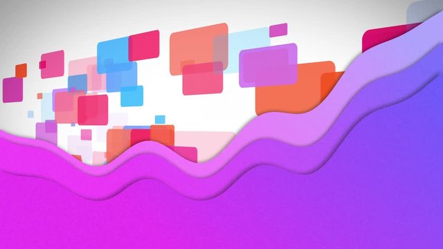 Animation of flowing splashes of colour moving in waves with colourful rectangles on white backgroun