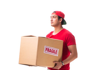 Handsome contractor holding fragile box isolated on white