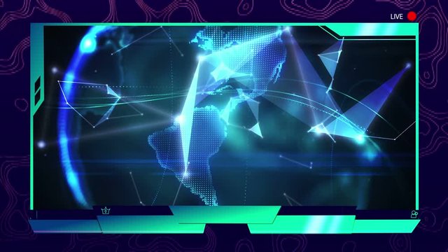 Animation of globe spinning with network of connections on digital screen with recording icons on gl