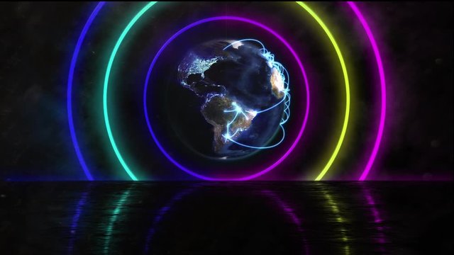 Animation of spinning globe  with neon glowing in circle geometric moving on black background