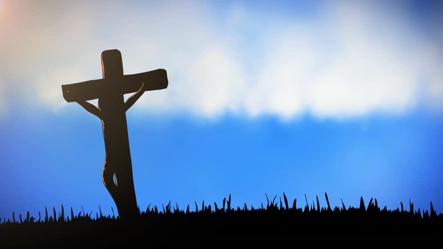 Animation of silhouette of Christian cross With cloudy sky in background