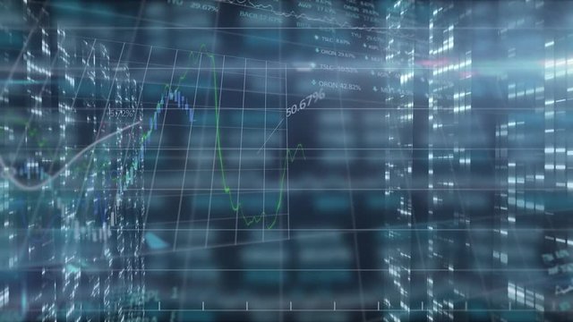 Animation of stock market numbers and computer processors recording data in background