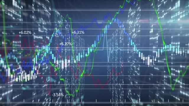 Animation of stock market numbers and computer processors recording data in background