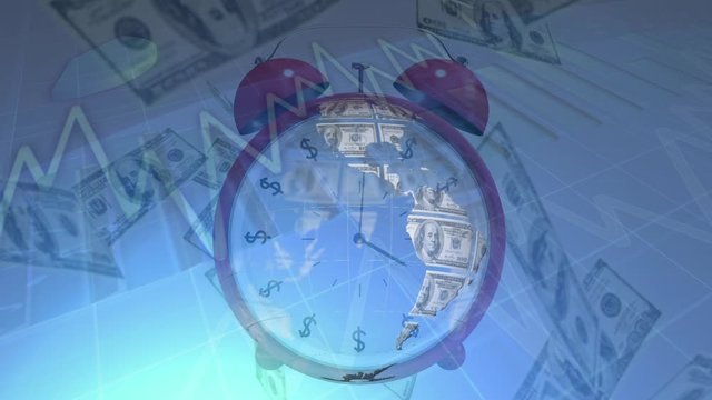 Animation of globe formed with American dollar banknotes spinning inside of retro alarm clock