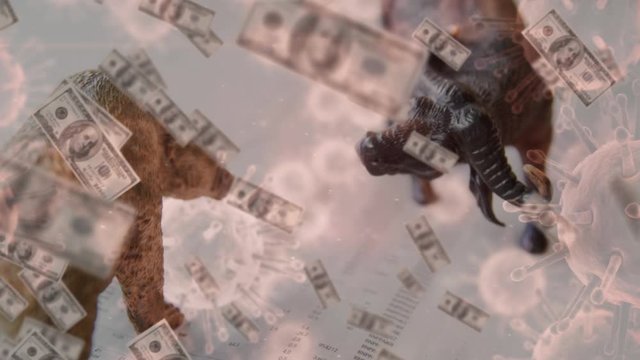 Animation of stock market bull and bear figures with dollar falling coronavirus covid19