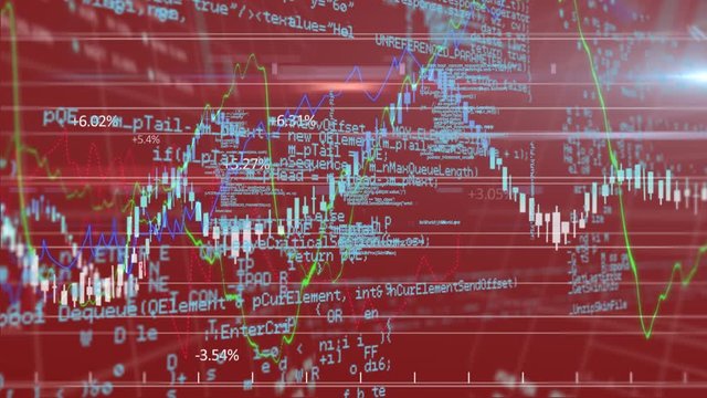 Animation of stock market display with green and blue numbers and graphs on red backgroung