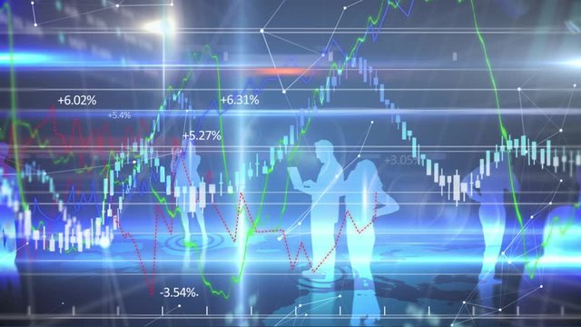 Animation of stock market display with green and blue numbers and graphs with silhouette of business