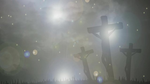 Animation of three Christian crosses over moving glowing stars