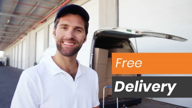 Animation of words Free Delivery written in white on orange and grey banners with male van drive