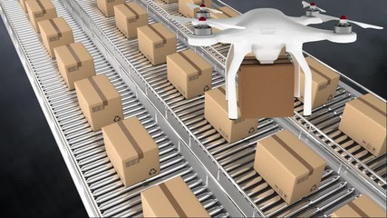 Animation of a drone holding a cardboard box, with cardboard boxes lying on conveyor belts - Powered by Adobe