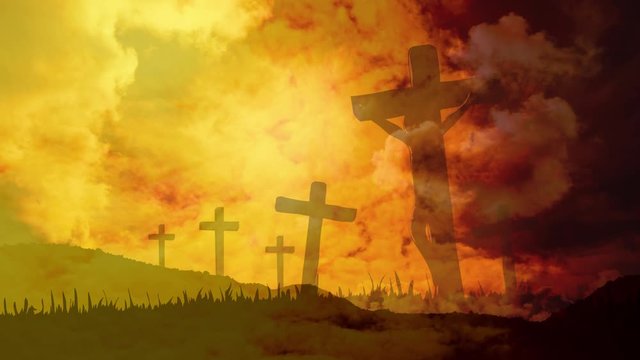 Animation of Christian crosses over orange clouds moving