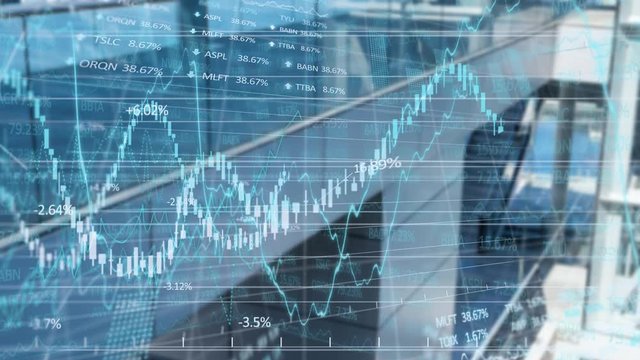 Animation of stock market display over modern office building in the background