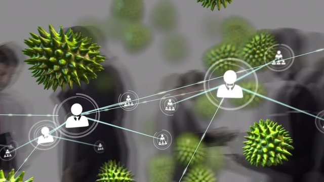 Animation of macro coronavirus Covid-19 cells spreading over a network of connections and people ico