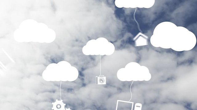 Animation of digital icons falling off white clouds 