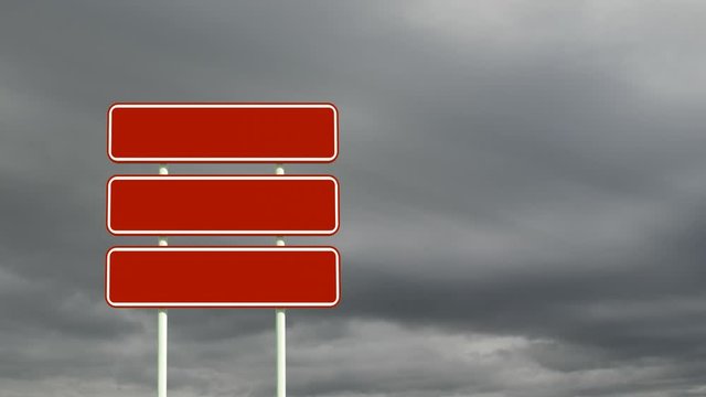 Animation of three red road sign over sky in the background