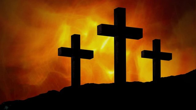 Animation of silhouette of three Christian crosses over orange clouds