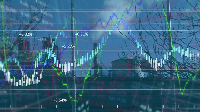 Animation of stock market display over cityscape in the background