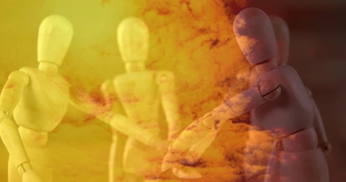 Animation of wooden human models celebrating 