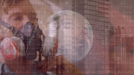 Animation of man putting a protective face mask on over stock market display in the background - Powered by Adobe