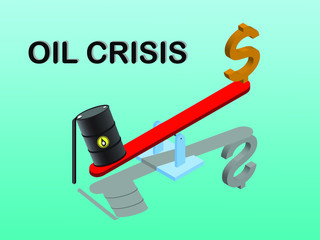 OIL CRISIS. Oil barrel and golden dollar icon on the seesaw .