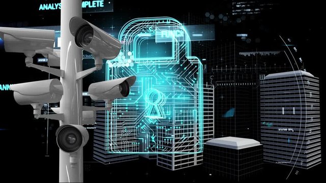 Animation of security padlock and cameras recording over cityscape in the background. 