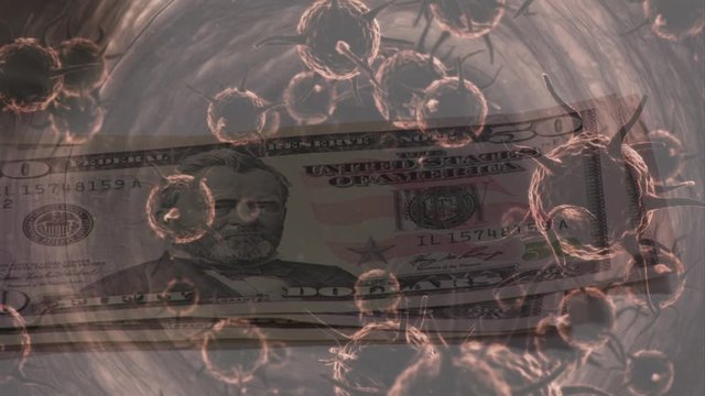 Animation of macro Covid-19 cells floating over a person putting American dollar bills on a table. 