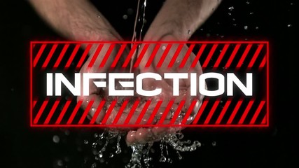 Animation of the word Infection written in red frame and person washing hands on black background. - Powered by Adobe