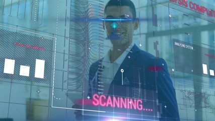 Animation of businessman using a digital tablet in an office with financial data processing  - Powered by Adobe