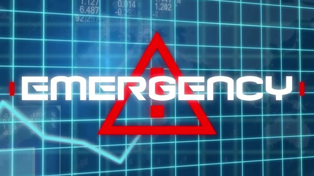 Animation of a word Emergency on red warning sign over a stock market display, data recording. 