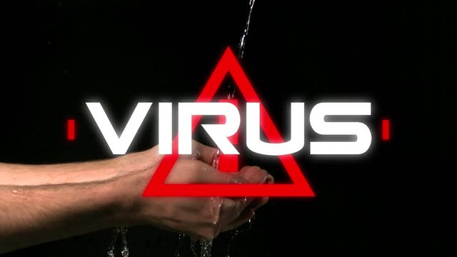 Animation of the word Virus written over triangle warning road sign over a person washing hands 