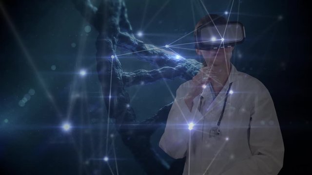 Animation of a doctor using a VR headset over a web of connections in the background. 