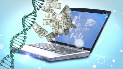 Animation of a DNA strain spinning with American dollar bills coming out of a laptop. - Powered by Adobe