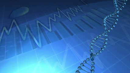 Animation of DNA strain spinning over stock market data recording, statistics showing  - Powered by Adobe