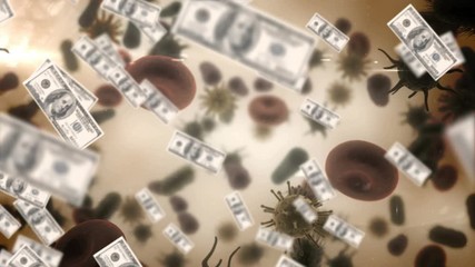 Animation of macro Covid-19 cells and American dollar bills floating.  - Powered by Adobe