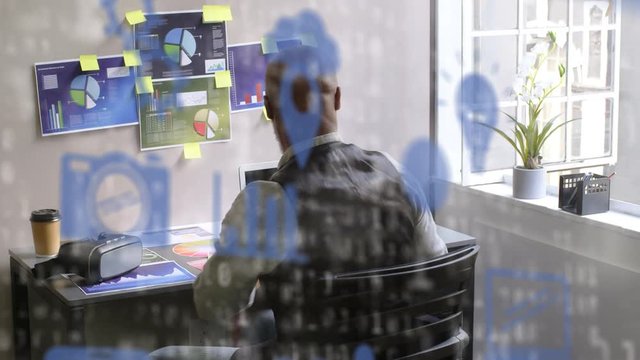 Animation of senior African American man putting off 3D googles over data processing and forms