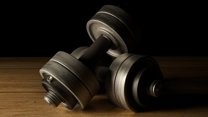 dumbbells  wood floor dark tone 3d rendering for fitnesses content.