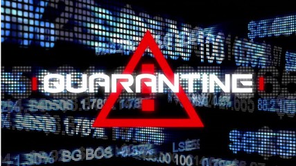 Animation of a word Quarantine on a red warning sign over stock market display, data recording.  - Powered by Adobe