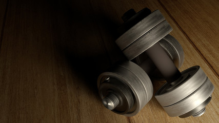 dumbbells  wood floor dark tone 3d rendering for fitnesses content.