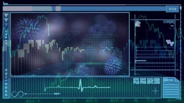 Animation of a screen with heartbeat monitor, macro Covid-19 cells floating