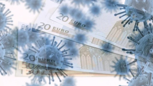 Animation of macro Covid-19 cells over Euro bills lying on a table. 