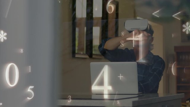 Animation of Caucasian man with 3D virtual googles over numbers and mathematics forms