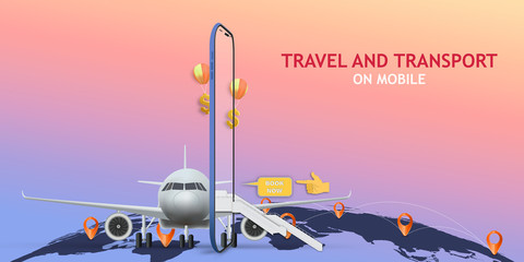 Travel Mobile Application , Travel Online booking on Website or smartphone as trip , transportation and Journey concept, Vector illustration..