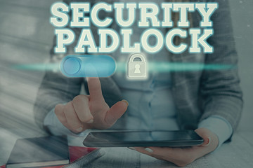 Conceptual hand writing showing Security Padlock. Concept meaning hardened steel body and double...