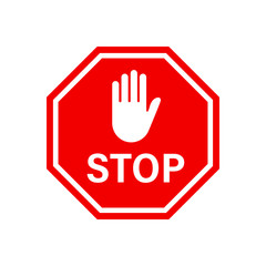Stop red road sign. Vector isolated illustration. Red vector sign with hand symbol isolated on white background.