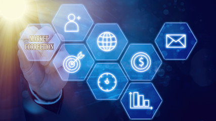 Text sign showing Market Correction. Business photo showcasing When prices fall 10 percent from the...