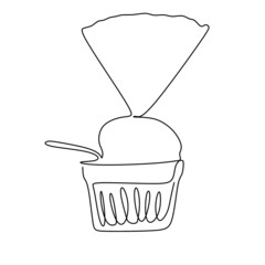 Continuous single line vector illustration of Ice cream cup with topping isolated
