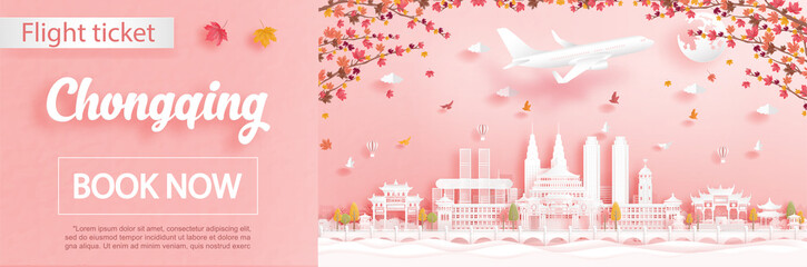 Fototapeta premium Flight and ticket advertising template with travel to Chongqing, China in autumn season deal with falling maple leaves and famous landmarks in paper cut style vector illustration